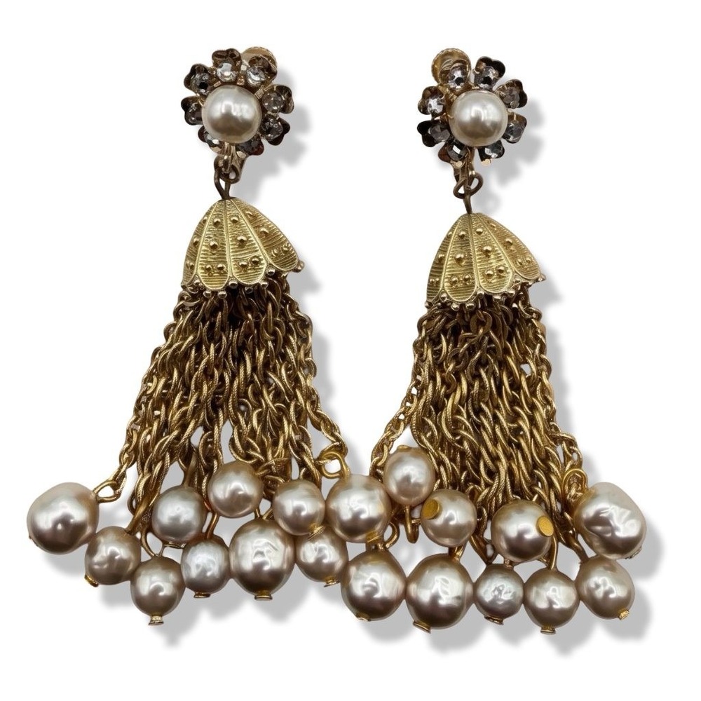 Vintage Miriam Haskell Baroque Pearl Chain Tassel Chandelier Clip Earrings Rare